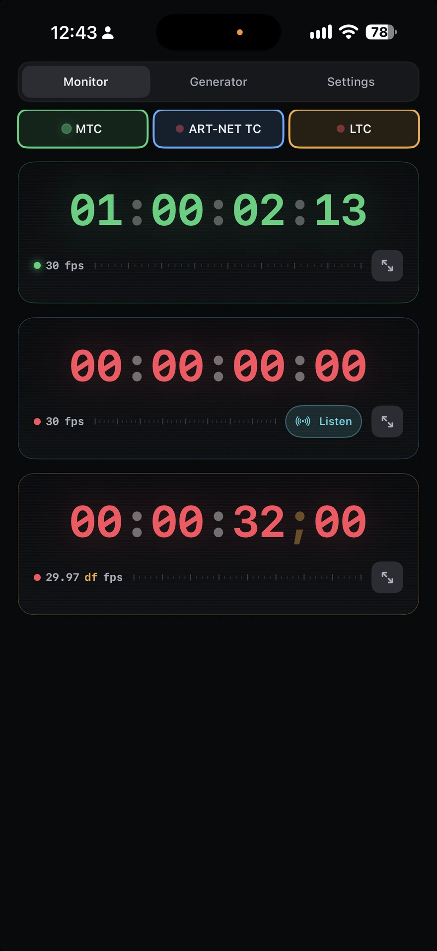 TimeCode Play Monitor screen: MTC locked at 01:00:02:13, 30 fps; Art-Net TimeCode and LTC readouts without a signal.