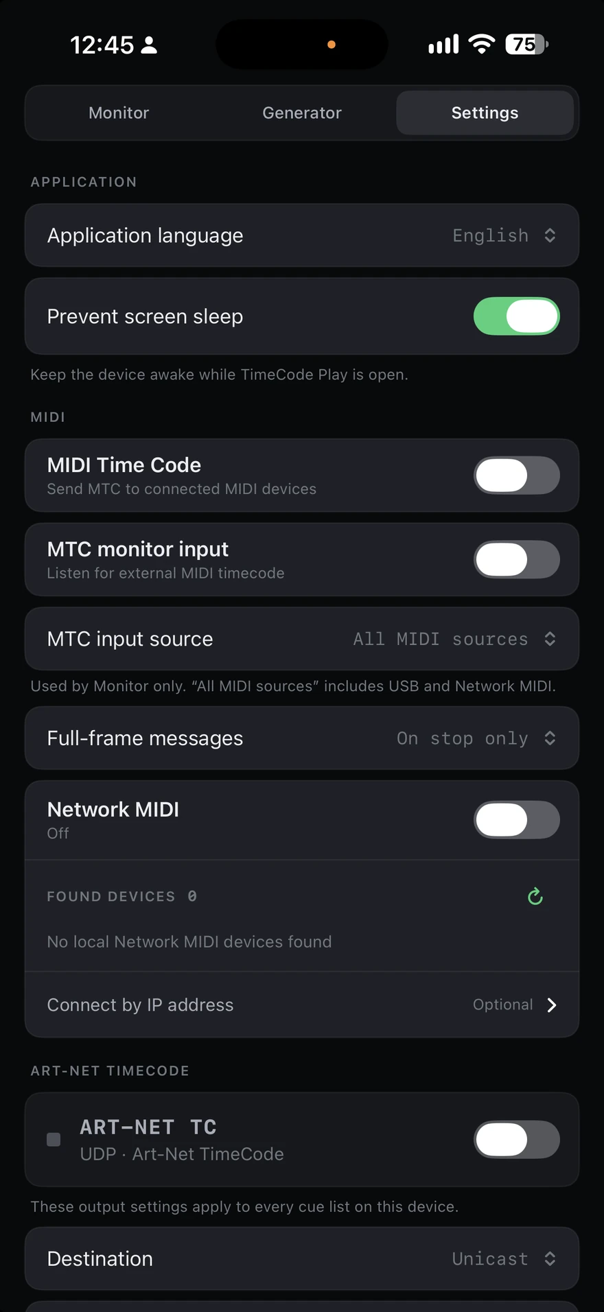 TimeCode Play Settings screen: application, MIDI and Art-Net TimeCode connection options.