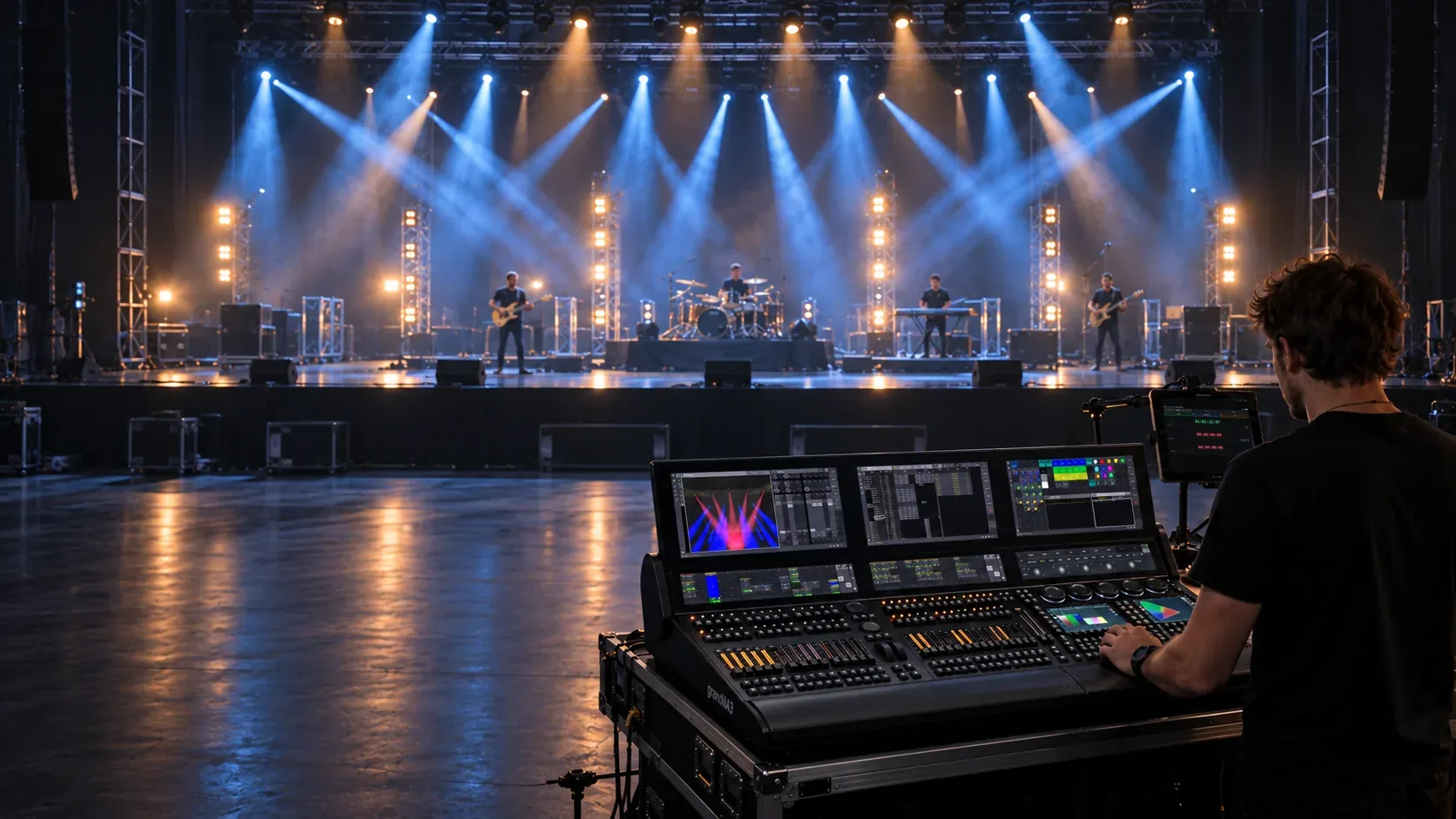 Lighting designer using TimeCode Play on a tablet beside a grandMA3 console during a rehearsal.